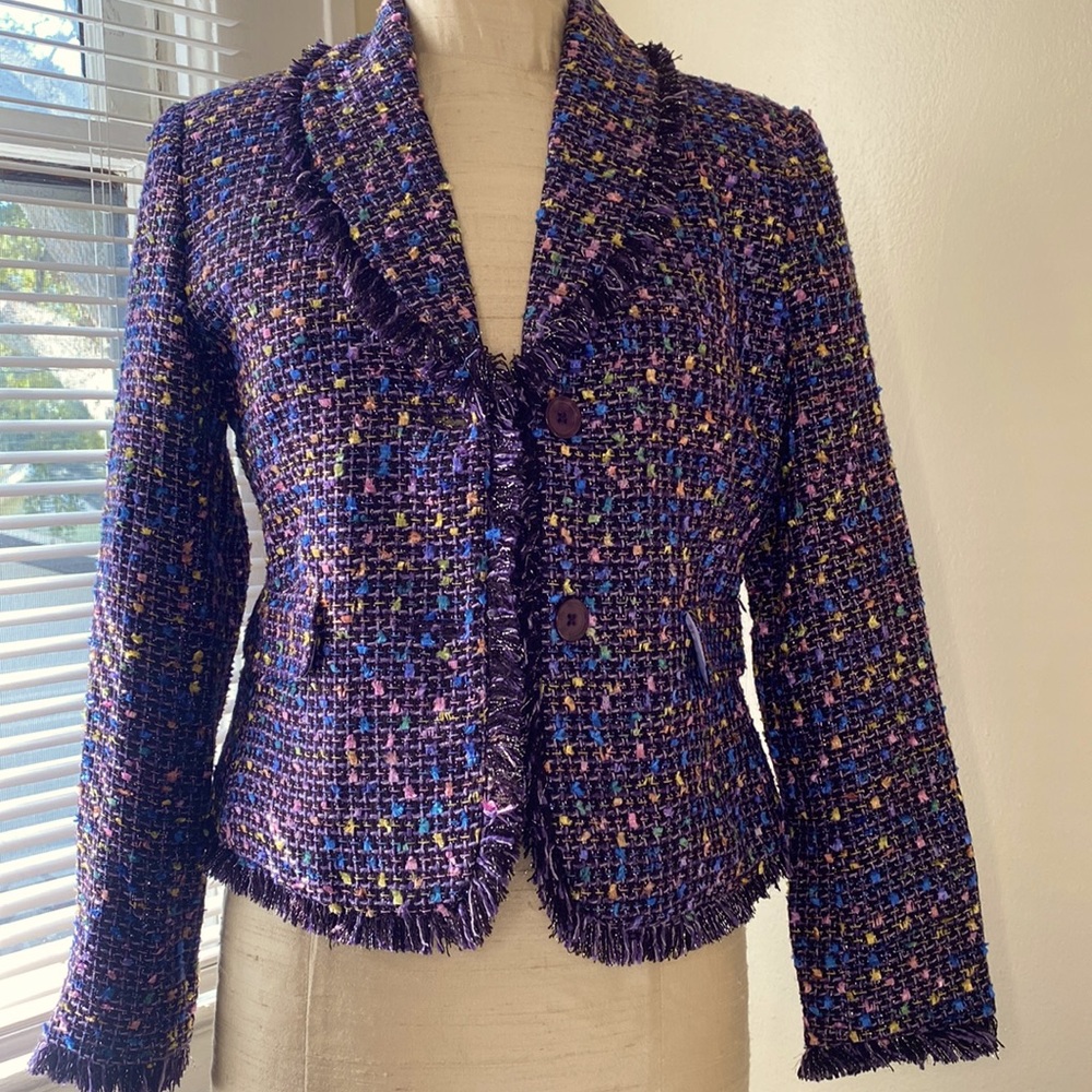 Chadwicks Jacket Blazer Womens Size 6P Purple Woven Tweed Fringe Trim